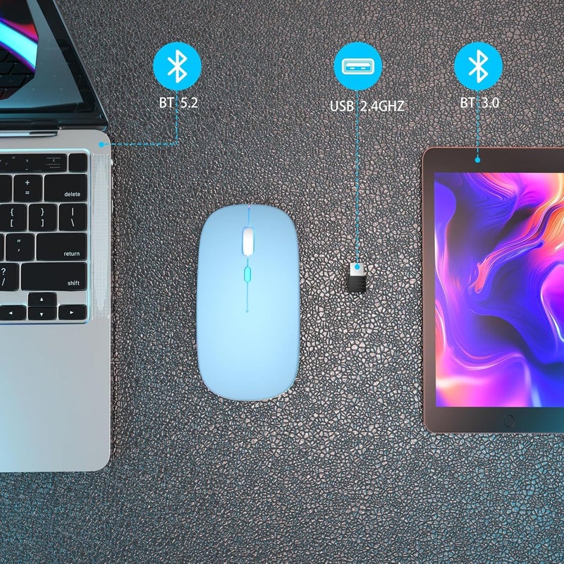 AOLIKOKO فأرة بلوتوث لاسلكية قابلة لإعادة الشحن للكمبيوتر المحمول مع إضاءة LED، استخدام محمول (BT5.2 و USB 2.4G) اتصال مزدوج، فأرة كمبيوتر صامتة ونحيفة للكمبيوتر المحمول / جهاز iPad اللوحي / Apple MacBook / PC (أزرق) - Image 4